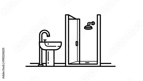 Modern Bathroom Interior with Sink and Shower Box Line Art