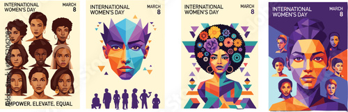A series of four graphic designs celebrating international women s day on march 8th with diverse portraits and abstract art high quality professional