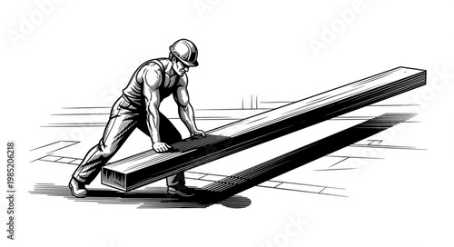 Construction worker lifting heavy steel beam manually.