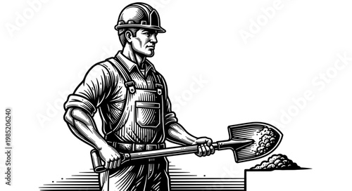 Construction worker holding shovel wearing hardhat and overalls.