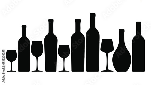 An illustration of several wine bottles and glasses on a table indoors