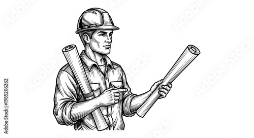 Construction worker holding rolled blueprints and helmet.
