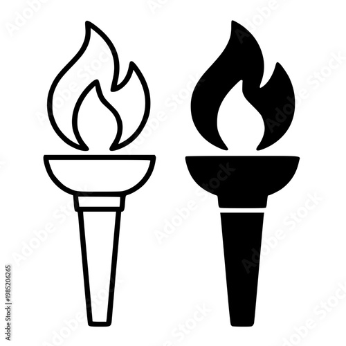Torch minimalist icon, in outline and silhouette design