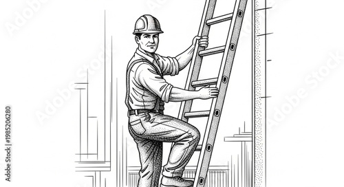 Construction worker climbing ladder wearing safety helmet.
