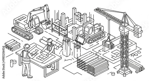 Construction Site Heavy Machinery Cranes Excavators And Equipment.