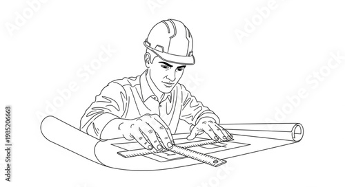 Construction professional architect drafting detailed blueprint plans at desk.