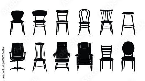 A collection of various chairs and stools in different styles are arranged.