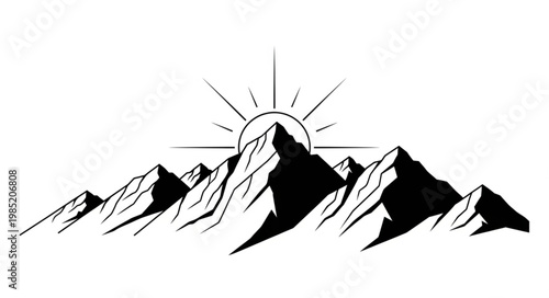 Hand drawn mountain range with rising sun.