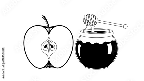 Jewish New Year (Rosh Hashanah) Apple and Honey Pot Line Art