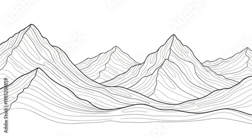 Hand drawn mountain range line art sketch with peaks.