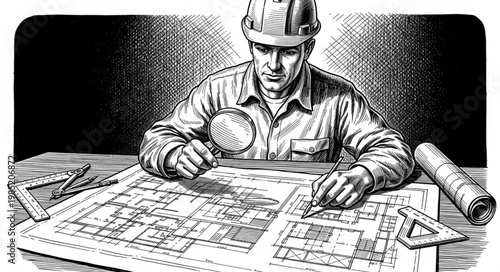 Construction engineer reviewing project blueprints at desk.
