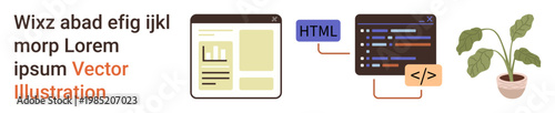 Web design, coding education, tech tutorials, online courses, creative design, green technology. Website mockup, HTML coding interface and a plant. Web design and coding education concept