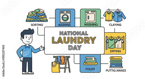 On National Laundry Day, a cheerful cartoon man presents laundry activities in a vector illustration, including sorting, washing, drying, folding, and putting away clothes, set