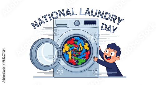A cheerful cartoon boy points at a washing machine, filled with colorful clothes, set against a stark white background for National Laundry Day, presented in a vibrant, vector-style