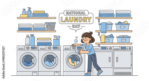 A cheerful woman loads a washing machine in a bright laundry room decorated for National Laundry Day with shelves filled with neatly folded towels and cleaning supplies in a detailed vector