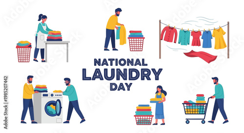 A vibrant vector illustration commemorates National Laundry Day, showcasing various laundry activities such as washing clothes in a machine, hanging them to dry, and folding laundry, all
