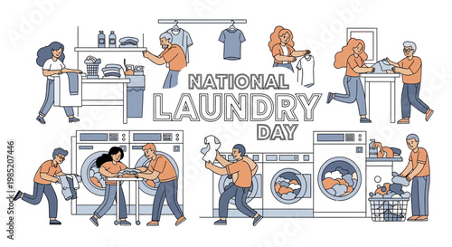 A detailed vector illustration depicts people engaged in home laundry activity on National Laundry Day, showcasing washing clothes and household chores with a detergent cleaning concept