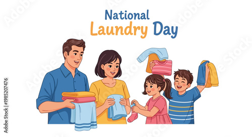 A vector illustration celebrating National Laundry Day depicts a family cheerfully folding clean clothes together, with children playfully tossing garments in a bright, colorful scene