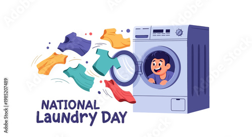 Celebrating National Laundry Day, a vector illustration shows a cheerful child peering out of a front-load washing machine as colorful clothes swirl around it, set against a clean white