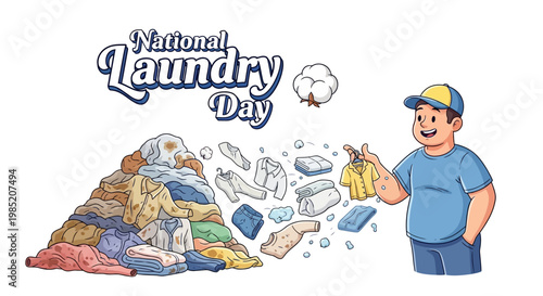 On National Laundry Day, a cartoon man in a blue shirt cheerfully holds up a clean yellow shirt, with a large pile of clothes and floating garments against a clean white background