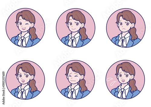 スーツ姿の若い女性の色々な表情のアイコンセット