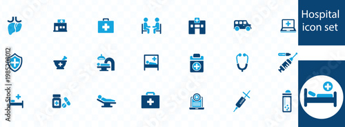 A collection of vibrant blue medical icons illustrates various healthcare services equipment and facilities in a simplified style high quality professional detailed modern