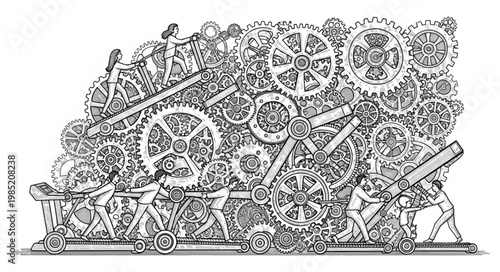 Engraving of Workers Turning Massive Interlocking Gears Together.