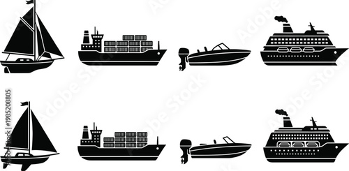Black Silhouette of Different Boats and Ships Including Sailboats, Cargo Ships, Speedboats, and Cruise Ships for Maritime and Transportation Illustrations