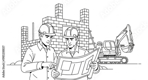 Construction workers reviewing blueprint on site.