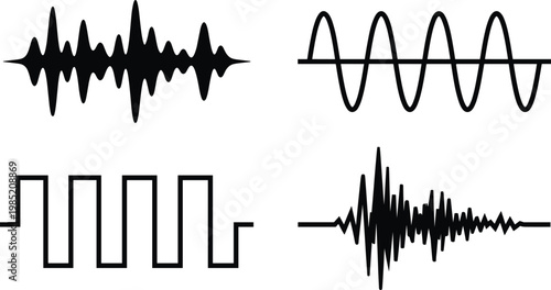 Black Silhouette of Different Waveforms Including Sound, Sine, Square, and Audio Signals for Music, Audio, and Sound Design Illustrations