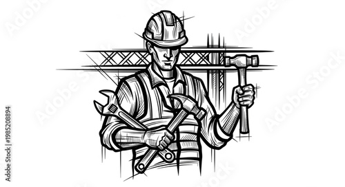 Construction worker with tools and safety gear holding hammer.