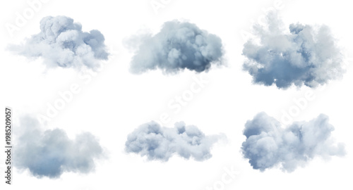 a high-quality photograph of a diverse selection of realistic white cumulus clouds, isolated cleanly against a dramatic dark background.