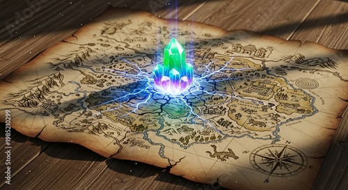 Mystical Map with Glowing Crystal - A Journey to the Unknown.