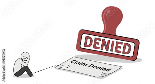 Insurance claim denied concept illustration with sad person and large red rubber stamp on document.