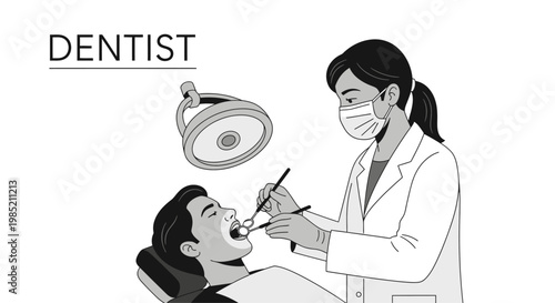 Female dentist examining male patient's teeth in a dental clinic, professional oral health care illustration.