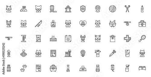 Cat care icon set. Vector illustration of pet essentials including toys, food, health, grooming, and accessories like collar, carrier, scratcher, and veterinary symbols.