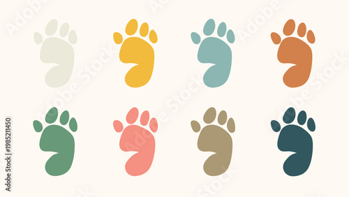 Whimsical set of eight stylized animal paw prints in a delightful array of soft, earthy colors, perfect for children's designs, nature themes, or decorative patterns