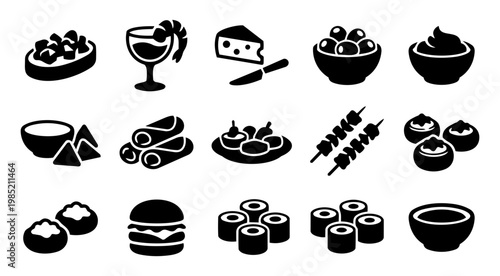 Appetizer Icon Set Finger Food Starters Tapas Snack Silhouette Collection
