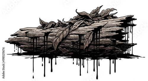 Weathered log with dripping black liquid and dry leaves, isolated on white