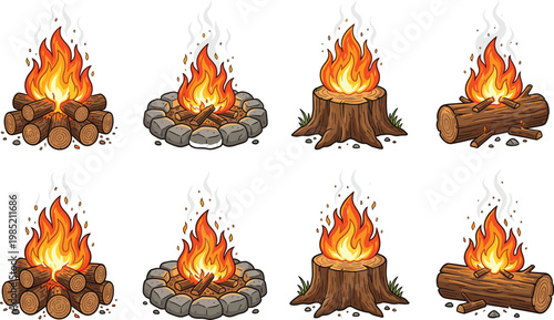 Campfire Icon Set with Logs, Stones, Tree Stumps, and Flames for Outdoor Adventure, Camping, and Wilderness Designs