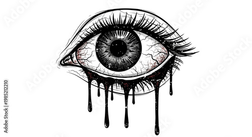 Disturbing illustration of a crying, bloodshot eye dripping dark liquid