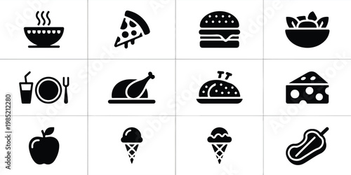 A set of 12 black and white icons arranged in three rows depicting various food items and dishes on a clean background