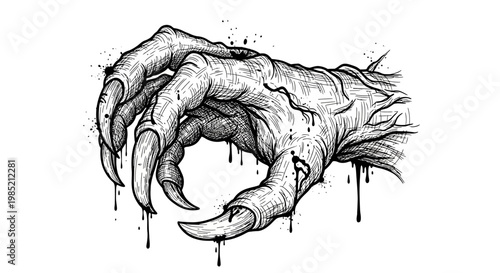Eerie monster claw reaching out, hand drawn, horror, spooky, black and white