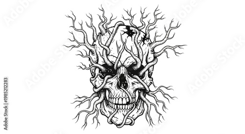 Eerie Skull Entwined with Twisted Branches and Roots