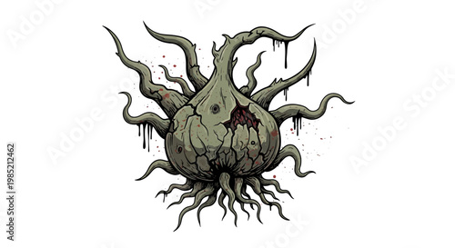 Horror Onion Monster with Tentacles and Blood Splatter