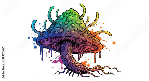 Psychedelic Mushroom with Rainbow Colors and Splatters