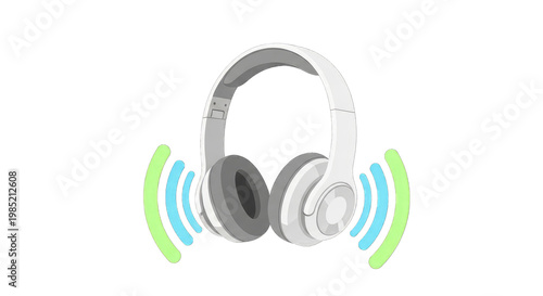 Modern White Headphones with Sound Waves on White Background
