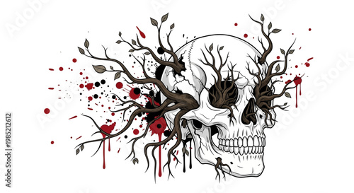 Skull overgrown with branches, abstract ink splatters and leaves, gothic art