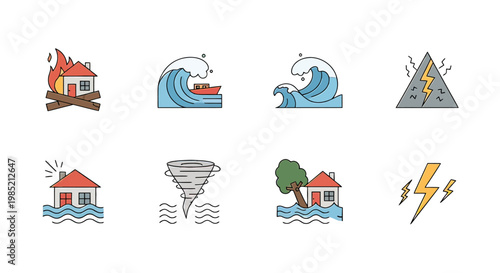 Natural Disaster Icons Set with Houses and Weather.