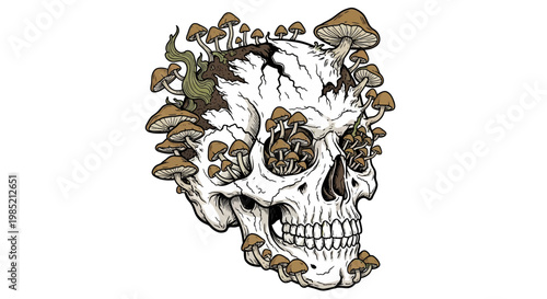 Skull overgrown with mushrooms, surreal illustration